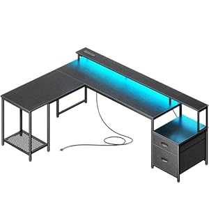 PRAISUN 66″ L Shaped Gaming Desk with LED Lights & Power Outlets, Computer Desk with Fabric Drawers and Print Stand, Corner Office Desk, Monitor Stand, Mesh CPU Stand, Black