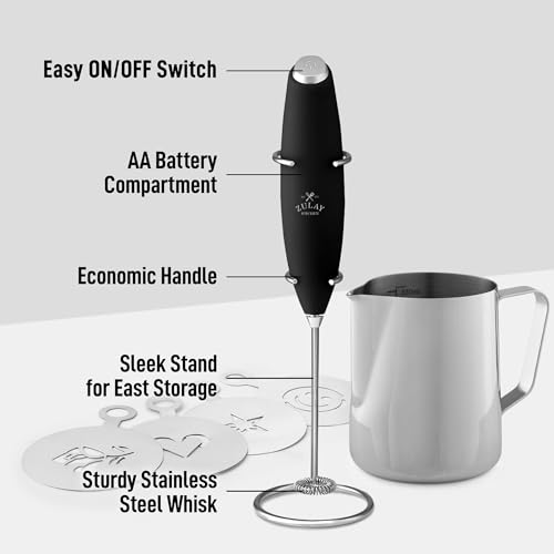 Image of Zulay Premium Gift Milk Frother Set - Handheld Coffee Frother with Stand, 12oz /350ml Frothing Pitcher + 4 Latte Art Stencils - 13,000 RPM Motor, SS Whisk, Battery Operated - Barista Kit (Black)