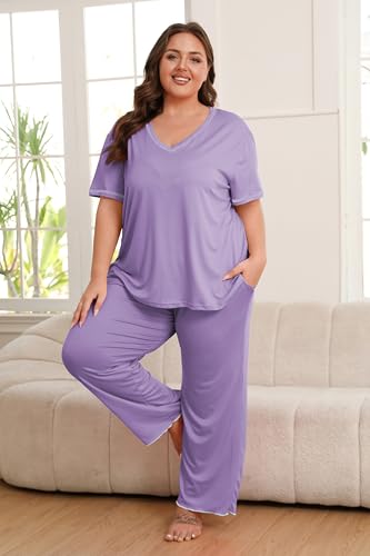 Image of Vozanet Women's Plus Size Pajama Sets Short Sleeve Long Pants Solid Color with Piping Trim Elegant Loungewear Cozy Sleepwear