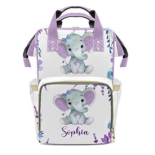 Purple Teal Elephant Diaper Backpack with Name Custom Backpack Mommy Nappy Baby Bag Waterproof Casual Travel Daypack Tote Bag for Mom Dad