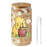 Winnie Presents, Winnie Thank You Gifts, The Pooh Friendship Gifts, The Pooh Glass Jar Tumbler with Bamboo Lid and Glass Straw, 16 Ounces, Christmas Gift, Farewell Gift for Friends, Cousins, BFF