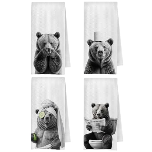 ChenCraty Funny Bear Bathroom Hand Towels, Gifts for Bear Lovers, Humor Forest Animal Bears Decorative Hand Towels for Bathroom Washroom Toilet Restroom, 16x24 Inches Set of 4