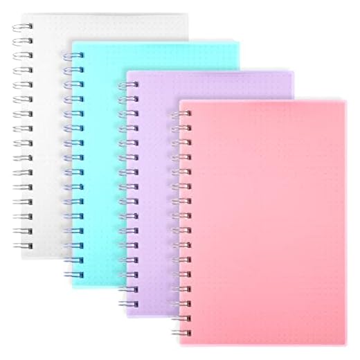 EOOUT Dotted Journal Spiral Notebook 4 Pack A5 Spiral Dot Grid Notebook for School, Office, Artist Writing Drawing, 100 Sheets/200 Pages, Blue, Pink, Purple, Transparent