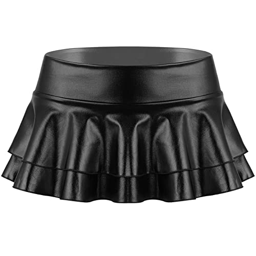 Yevin Saia feminina de látex metálico mini saia patinadora plissada sexy, Preto