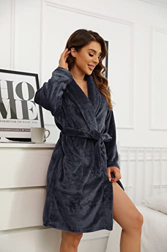 Image of U2SKIIN Women Fleece Robe, Short Cozy Plush Robes for Womens Soft Shawl Collar Warm Spa Bathrobe
