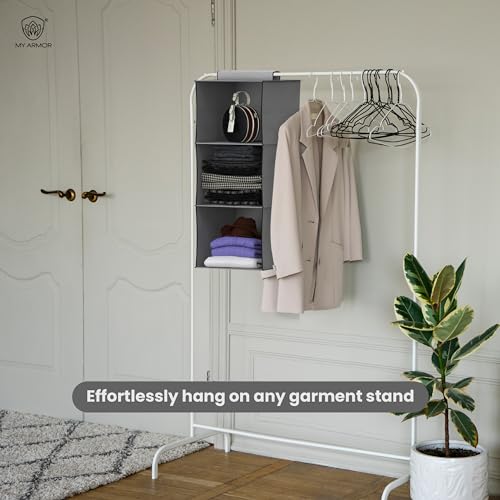 Image of MY ARMOR Hanging Shelf Cloth Storage Organizer, Universal Fit Hanging Closet Organizer for Wardrobe, 10 x 12 x 35 Inches (Grey, 3 Tier Shelf, Pack of 1)