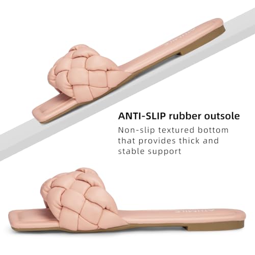 Image of ATHMILE Braided Womens Sandals 2026 Square Open Toe Fashion Slide Sandals | Women Summer Flat Sandals,Soft Leather,Slip on Shoes,Dressy,Causal,Beach,Vocation,Size 6-11