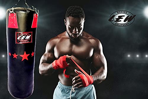 Image of LEW 3FT Filled Heavy Punch Bag with Gloves & Hand Wraps | Haptex Leather Boxing & Kickboxing Set for MMA, Muay Thai, and Fitness Training with Hanging Chain (Black /Red)