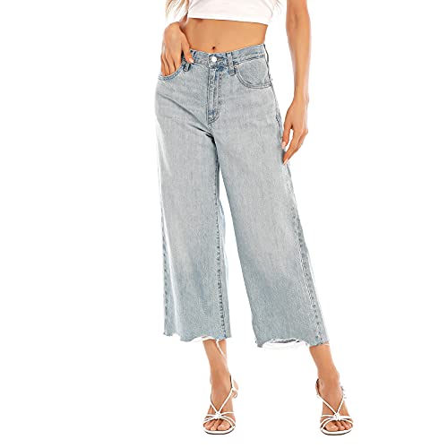 Cheryl Co Women's Stylish Denim Ankle Long Pants High-Rise Wide Leg Cropped Jeans (6203-LB-10)