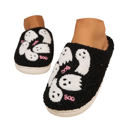 Halloween Slippers for Women Men Memory Foam Cozy Plush Fluffy Warm Cartoon Fuzzy Slippers Winter Holiday Slip-on Slides Comfortable Soft Indoor Outdoor House Shoes