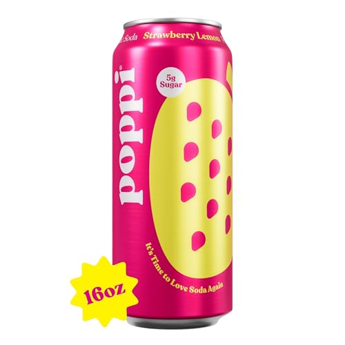 Poppi Prebiotic Soda Beverage with Apple Cider Vinegar, Seltzer Water and Fruit Juice, Strawberry Lemon Flavor, 16 oz, Pack of 12, Packaging May Vary