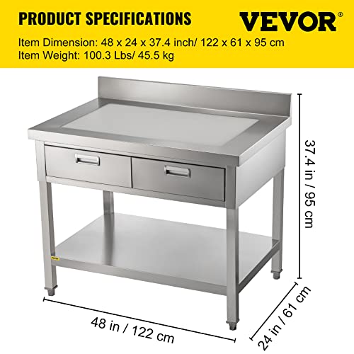 Vevor Stainless Steel Work Table 24 X 48 In Commercial Food Prep Worktable With 2 Drawers, Undershelf And Backsplash, 992 Lbs Load Stainless Steel Kitchen Island For Restaurant, Home And Hotel #TOP6