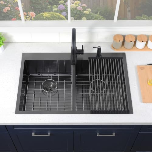 Image of SHACO 33x22 Inch 50 /50 Double Bowl Black Drop In Kitchen Sink, 33 Inch Gunmetal Black 16 Gauge Stainless Steel Top Mount Kitchen Sink with Grid and Accessories