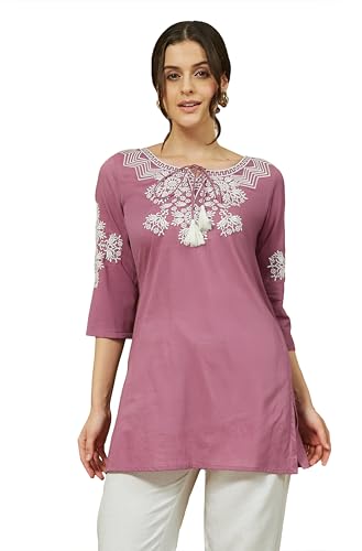 Image of Janasya Women's Purple Pure Cotton Embroidered Straight Tunic