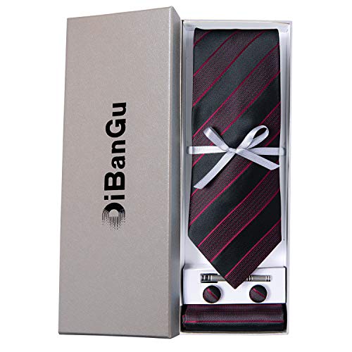 Image of DiBanGu Mens Striped Tie Silk Woven Necktie and Pocket Square Cufflinks Tie Clip Set Wedding Business Formal Gift Tie for Men