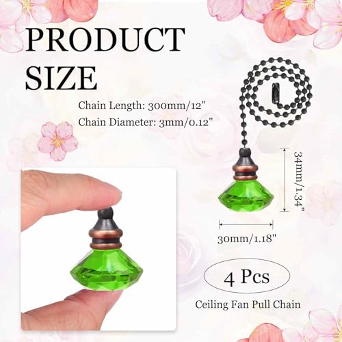 Image of MECCANIXITY 4Pack Ceiling Fan Pull Chain, 12 Inch Decorative Ornaments Diamond Pendant Pull Chain Extension for Ceiling Fans Light Lamp, Green