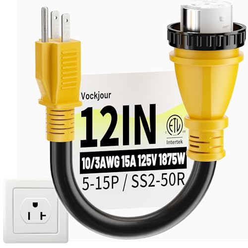 50 Amp to 110 RV Adapter 3 Prong 12 Inch NEMA 5-15P Male to NEMA SS2-50R Female Heavy Duty RV Electrical Adapter Cord with Twist Lock Plug STW 10AWG 15A 125V 1875W Yellow ETL Listed