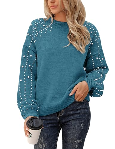 Image of Blooming Jelly Women's Chunky Sweater Crewneck Sweatshirt Knit Lantern Sleeve Oversized Pullover Sweater with Pearls