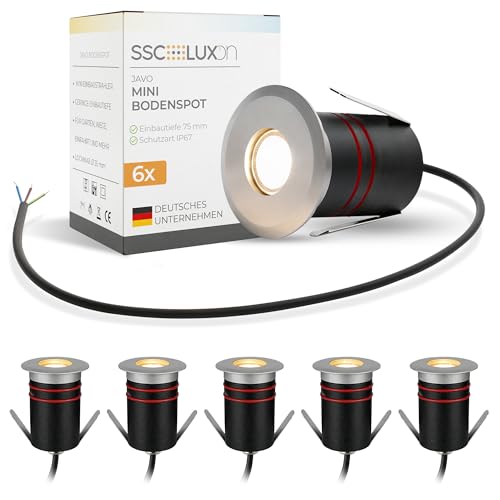 SSC-LUXon 6er Pack JAVO Bodeneinbauspots LED Außen 230V Erdstrahler warmweiß - Bodenleuchte klein begehbar IP67 Alu Ø 47mm