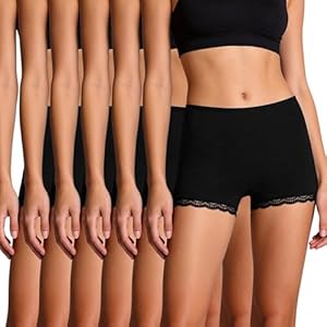 Marvmys Damen Baumwoll Boxershorts mit Spitze Schwarz Figurbetont – Anti-Rutsch-Bund mittelhoch Multipack S-XXL