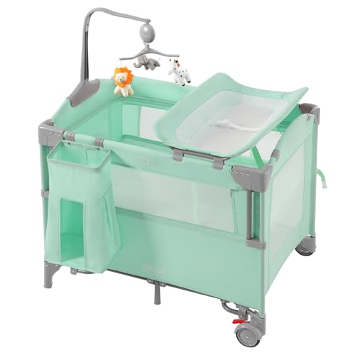 Image of HARPPA Baby 5 in 1 Playard, Portable Pack and Play for Travel, Baby Bassinet Bedside Sleeper with Mattress, Rolling Bassinet for Infant, Pack n Play with Changing Table, Bed Crib (Green)