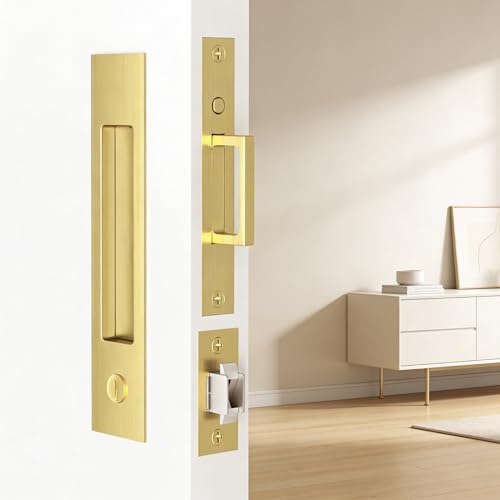 Dontay Pocket Door Hardware with Lock Privacy,Recess Edge Pull,Stain Brass