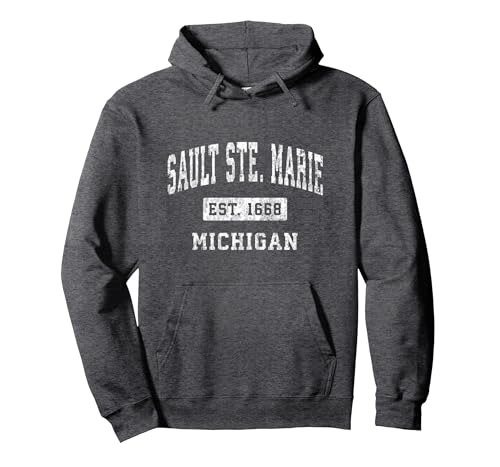 Sault Ste. Marie Michigan MI Vintage Established Sports Pullover Hoodie, Adult Unisex, Dark Heather Grey, XX-Large