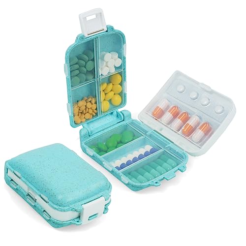 ACWOO Pastillero Caja, Caja de Pastillas con 8 Compartimentos, Pastillero Portátiles de Viaje de 3 Niveles, Pastillero Diario Bolsillo, Pastillero Semanal, Para Medicamentos y Vitaminas (Azul)