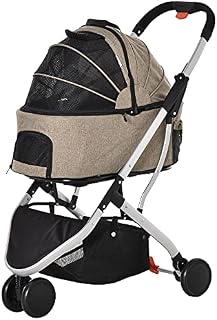 PawHut 2 in 1 Foldable Dog Stroller, Aluminium Pet Travel Carrier, with Adjustable Canopy, Universal Wheel, Brake, Basket Storage Bag, for Small Dogs Light Brown