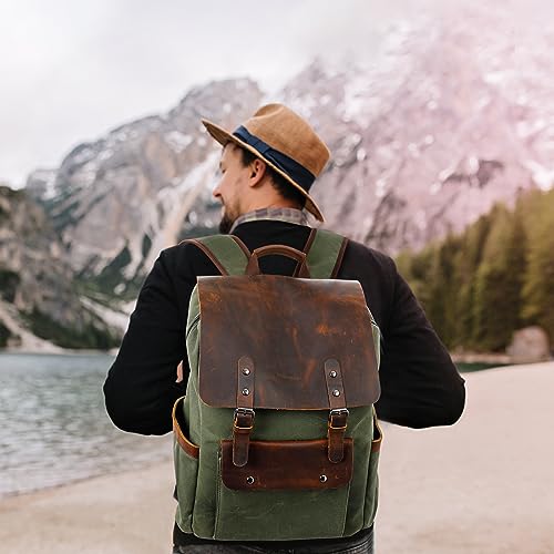 Modoker 616 Waxed Canvas Backpack, Leather Rucksack Knapsack For Men Woman Vintage Travel Laptop Backpack 15.6 Inch Satchel Backpack, Retro Flap Backpacks Canvas Casual Daypack thumb #6