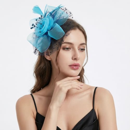 Image of DRESHOW Fascinators Hat Flower Mesh Ribbons Feathers on a Headband and a Clip Tea Party Headwear for Girls and Women