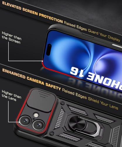 Image of WOW IMAGINE Tough Armor Bumper Mobile Back Case for iPhone 16 | Sliding Camera Shield Cover | Shock Proof 360 Protection | Hybrid PC + TPU | Ring Holder with Kickstand - Black
