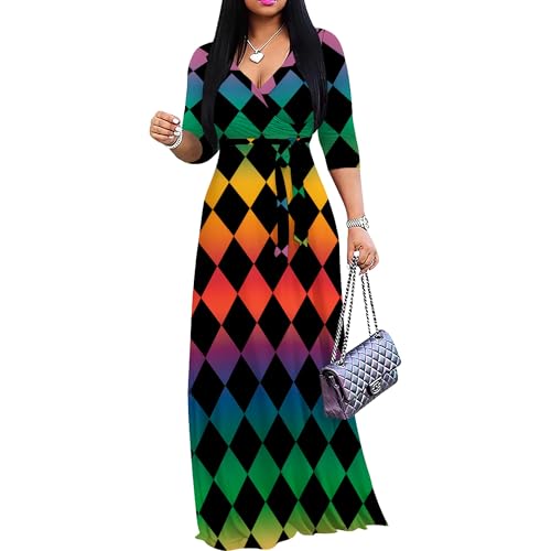 Image of PinkPatty Women's Plus Size Maxi Dress Casual 3 /4 Sleeve Dress with Belt | Soft stretch feel, printed style, flowy A-line fit, v neck, waist tie, side pockets, for vacation, party and daily wear