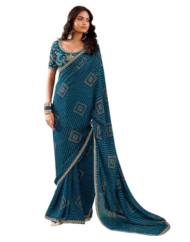 Image of SIRIL Women's Georgette Bandhani Printed, Embroidery Lace Saree With Unstitched Blouse Piece