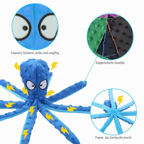 Quietschendes Hundespielzeug, Oktopus-Spielzeug, Baumwolle, kein Füllstoff, Kauspielzeug für Hunde (blau + lila)