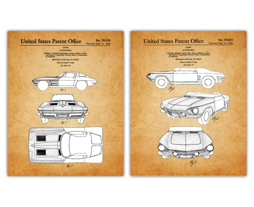Vintage Patent Prints Wall Art - Classic Car Wall Art Photo Prints, Corvette Car Patent Art Prints Engine Poster, Gifts For Dad & Stepdad - Bathroom Prints & Engineering Posters Set Of 2, 8X10 #TOP17