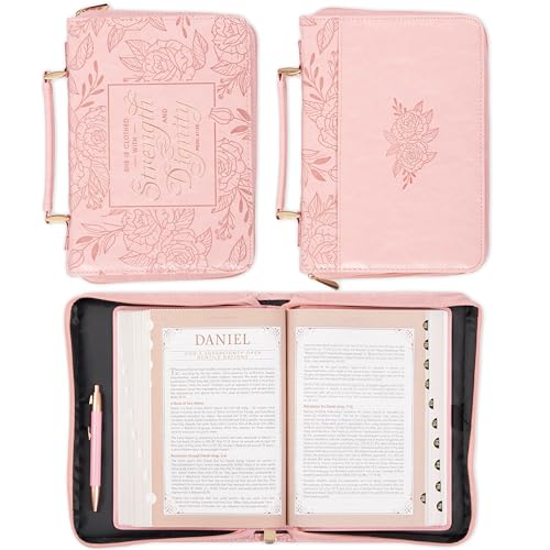 Christian Art Gifts Premium Vegan Leather Fashion Floral Bible Cover for Women: Strength & Dignity - Prov. 31:25 Inspirational Scripture Verse Carry Case w/Pockets & Pen Storage, Pink & Gold, Large by Christian Art Gifts - Image 2