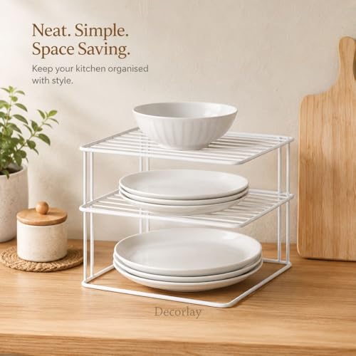 Image of Decorlay 3-Tier Kitchen Plate Rack Metal Dish Organizer | Space Saving Bartan Stand for Plates, Bowls, Cups & Utensils | Countertop Storage Rack | White