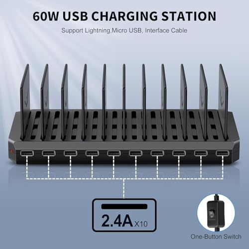 Image of Multi Charging Station, 10-Port USB Charger for Multiple Device with SmartIC Tech and Adjustable Dividers, Organizer Stand Compatible with iPad, Tablet, Kindle, iPhone Speakers (10Port USB)