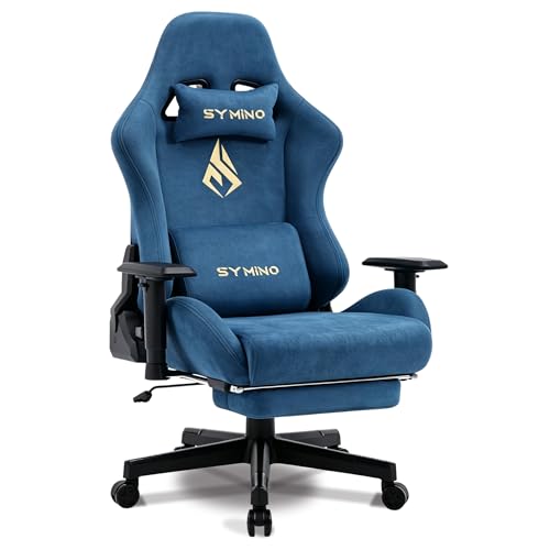 Symino Chaise Gaming Ergonomique et Fauteuil Gamer avec Repose-Pieds Télescopique Coussin à Ressorts, Support Lombaire et Hauteur Réglable 200kg (Faux Daim, Bleu)