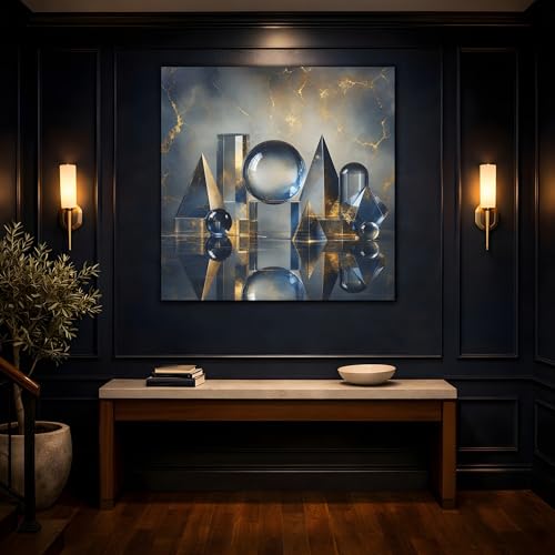 Art mural géométrique de salon avec finitions or et bleu de 3 cm - 4