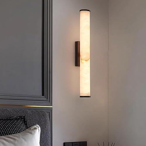 HCZKIUJY Wall lamp, Natural Marble Wall Light Black Gold Copper Cylindrical Stone Brass Sconce for Parlor Bedroom Dining Room Aisle(Warm-60cm-Black)