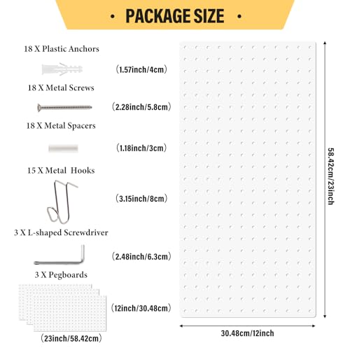 Image of DEWEL Wall Organizer Peg Board, 3Pcs Metal Pegboard Panels with Hooks, 23 inch x 12 inch Heavy Duty Pegboard Wall Organizer for Workbench, Workshop, Office, Craft Room (3pcs white)