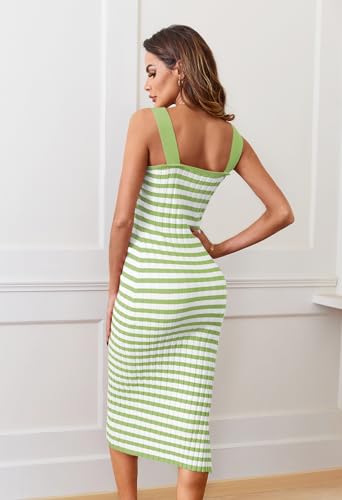 Image of MEROKEETY Womens Summer Striped Bodycon Midi Dress 2026 Beach Vacation Sleeveless Tank Ribbed Knit Baby Shower Sweater Dress