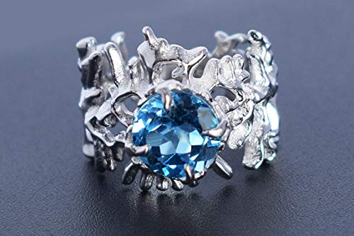Bague topaze bleue de Londres ronde en argent sterling 925 d'exception