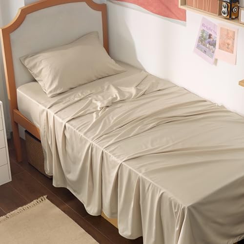 Image of Bedsure Cooling Sheets Twin XL, Rayon Derived from Bamboo, PureWoven, Breathable & Soft Twin XL Sheet Sets, Deep Pocket Up to 16 Inches, Hotel Luxury Silky Dorm Bedding for Hot Sleepers, Beige