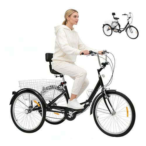 BTGSHYNM Triciclo plegable de 24 pulgadas para adultos, bicicleta de 7 velocidades con 3 ruedas, asiento ajustable en altura con respaldo, cesta y portavasos, triciclo para compras y transporte