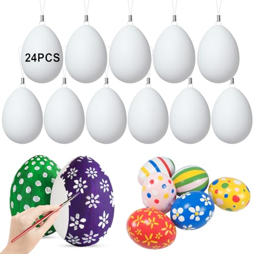 UNOLIGA Plastik Ostereier zum Bemalen und Aufhängen, 24pcs Plastikeier Weiß, Kunststoffeier mit Aufhänger, Weiße Eier Ostern zum Anmalen Basteln (mit Stabilem Aufhänger)