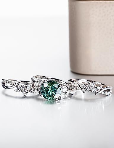CannyCat Fancy Vivid Blue Green Moissanite Wedding Band Ring Set for Women 4.2 cttw Moissanite Engagement Rings Platinum-Plated Sterling Silver Wrap Guard Enhancers Anniversary Bridal Sets (size-5)3