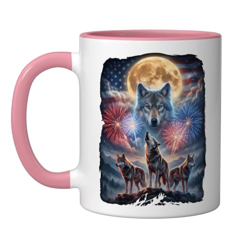 4th of July Wolf Howling at Moon Fireworks USA Wolf lovers Ceramic Mug, Pink/White, 11oz
